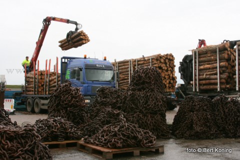 Dinsdagmorgen is in de werkhaven van Oudeschild gestart met de afvoer van het massaal gezaagde dennenhout uit het Texelse bos. Het vervoer naar BelgiÃ« wordt uitgevoerd door het binnenvaartschip Hanzestad uit Kampen. 