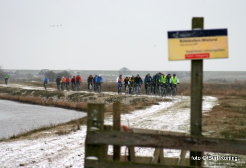 Zondagmorgen begonnen in alle vroegte zo'n 165 mountainbikers een 105 km lange tocht dwars over Texel. Vanaf het Skillepaadje bij Oudeschild ging men ondermeer dwars over het Mieland naar het perceel van Jaap Zuidewind. Meer foto's volgen.