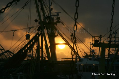Ook op de haven van Oudeschild zorgde de stofdeeltjes in de lucht van de vulkaanuitbarsting op IJsland voor extra avondrood bij de zonsondergang.   